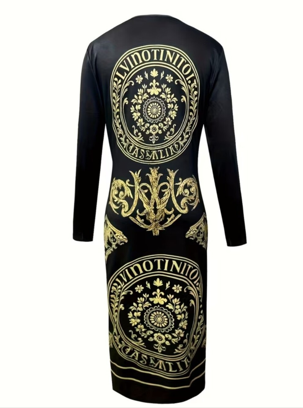 Elegant  Black And Gold Baroque Totem Print Dress XXL Long Sleeves - Picture 3 of 3